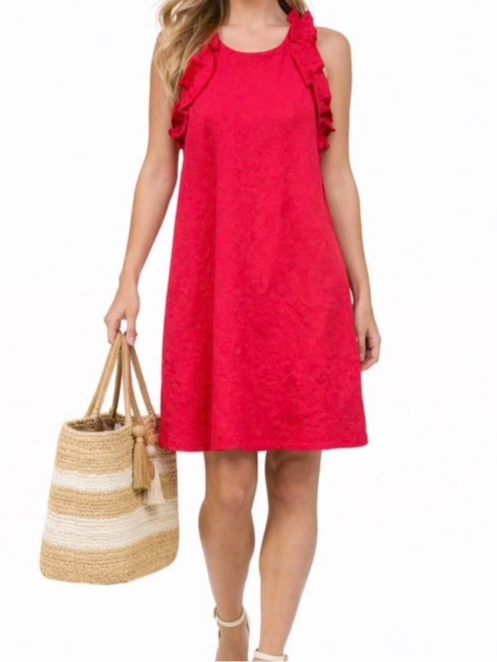 Crown & Ivy Hot Pink Ruffle Sleeveless Dress Embossed Floral Medium